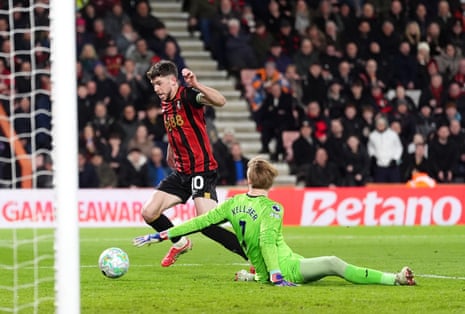 Bournemouth's Ryan Christie rounds Brentford’s keeper Caoimhin Kelleher but can’t stick the ball into the net.