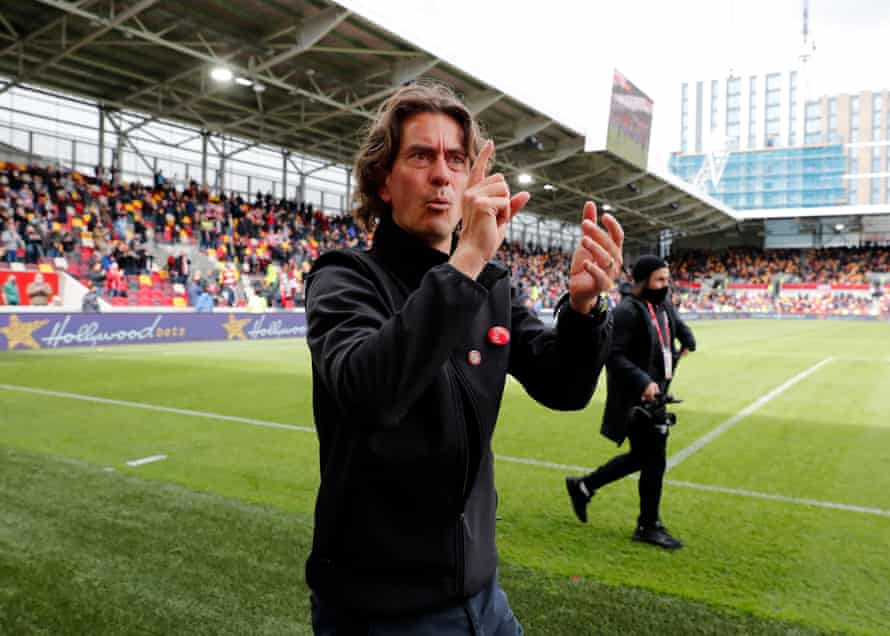 Brentford’s Thomas Frank celebrates at the end of the play-off victory over Bournemouth, when his side recovered from a 2-0 aggregate deficit to win 3-2.