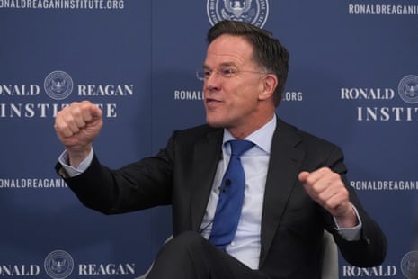 नाटो महासचिव मार्क रुटे गुरुवार, 9 अप्रैल, 2026 को वाशिंगटन में रोनाल्ड रीगन इंस्टीट्यूट में बोलते हैं।