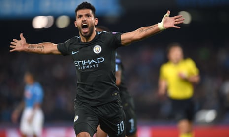 Sergio Aguero of Manchester City celebrates after scoring his record-breaking goal.