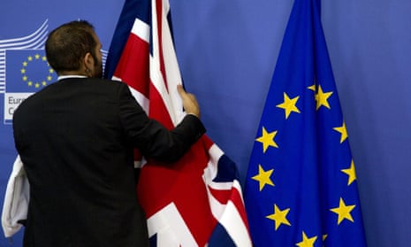 The EU and union flags at a meeting between David Cameron and Jean-Claude Juncker at EU HQ