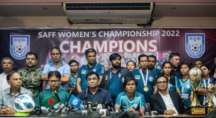 Bangladesh captain Sabina Khatun makes a speeche at a press conference in the conference room of the Bangladesh Football Federation headquarters.