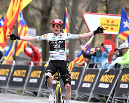 Jonas Vingegaard of Denmark celebrates at finish line as stage six winner during the 105th Volta a Catalunya