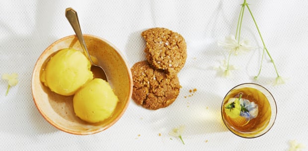 Thomasina Miers’ mango sorbet with toasted coconut biscuits.