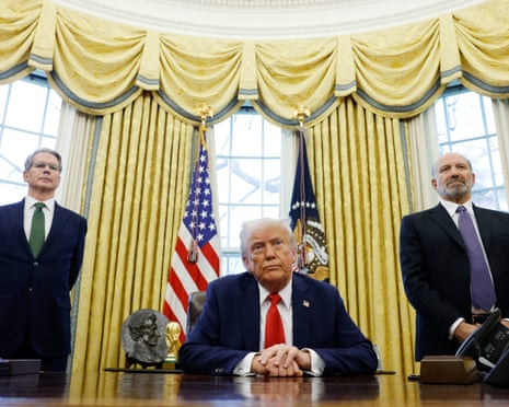 US president Donald Trump, flanked by commerce secretary Howard Lutnick and treasury secretary Scott Bessent.