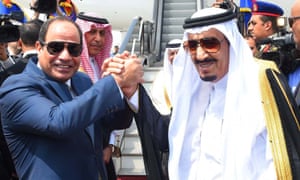 Abdel Fatah al-Sisi shakes hands with Saudi Arabia's King Salman, Egypt, April 2016.