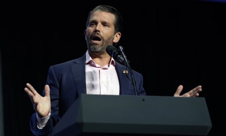 FILE - This June 23, 2020 file photo, Donald Trump Jr. speaks before President Donald Trump arrives to speak to a group of young Republicans at Dream City Church in Phoenix. Twitter has temporarily halted Trump Jr. from tweeting after he shared a video riddled with unsupported claims about the coronavirus Monday, July 27. (AP Photo/Evan Vucci, File)