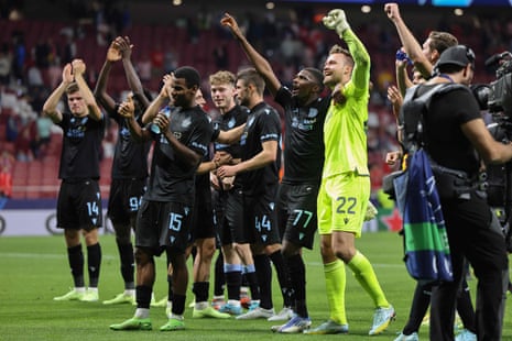 Brugge players celebrate reaching the knockout stages for the first time in the Champions League era after a Simon Mignolet goalkeeping masterclass.