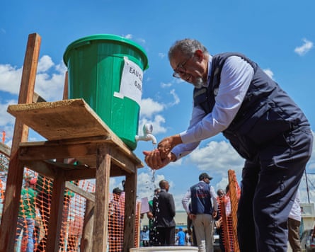 WHO director general Tedros Adhanom Ghebreyesus washes his hands at the Evangelical Medical Center in Bunia, Ituri province, DRC.