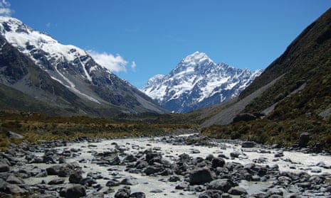 A glacier-fed river below Mount Cook. Aerial surveys have shown the altitude at which snow persists throughout the year is increasing. 