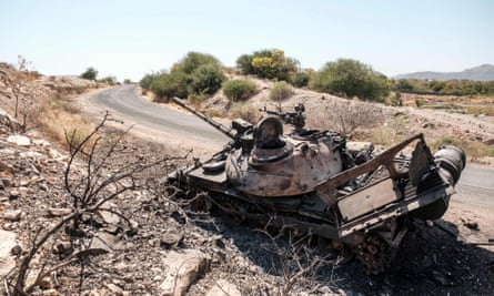 A damaged tank stands abandoned on a road near Humera in Ethiopia.