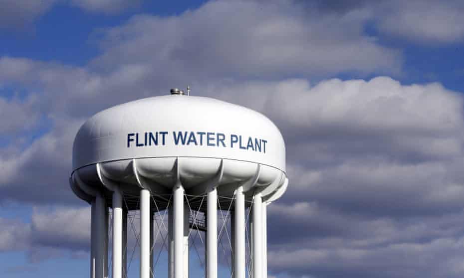 A Flint water plant tower is seen in Flint, Michigan.