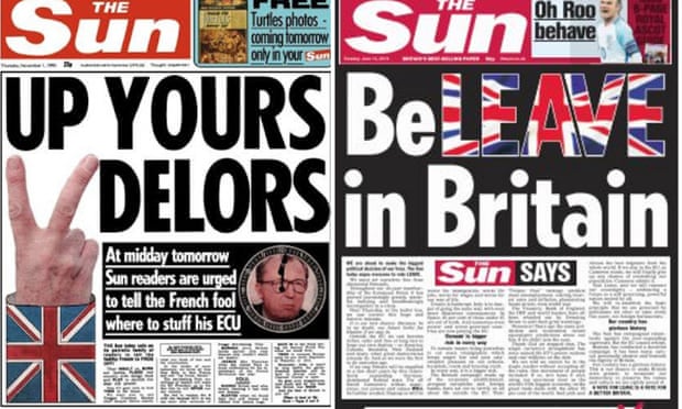 The Sun’s consistent stance: from two-fingered 1990 defiance to a 2016 call to arms. 