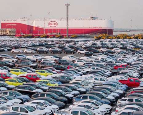 Chinese-made BYD electric cars being prepared for export at a port in China. A rise in imports of goods from China, including electric vehicles has prompted concern across the EU.