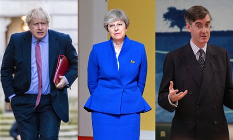 The prime minister, Theresa May, flanked by the leading Brexiters Boris Johnson and Jacob Rees-Mogg