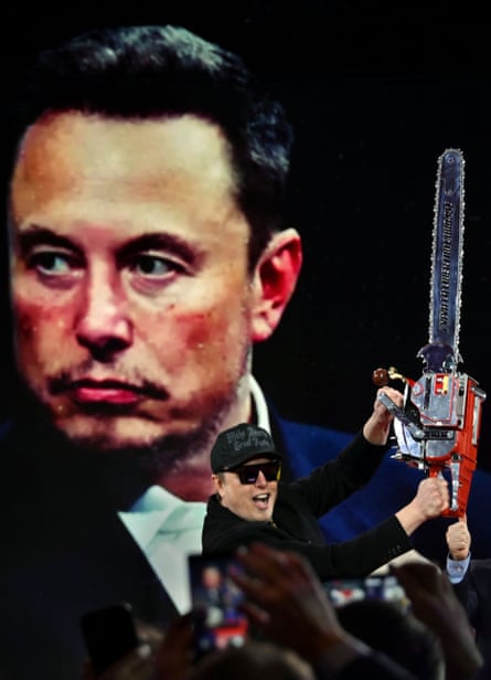 Elon Musk wields a chainsaw during his appearance at the annual Conservative Political Action Conference in the US.
