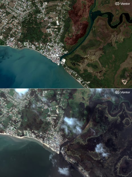 This combination of pictures shows an overview of Black River, Jamaica, before and after Hurricane Melissa.