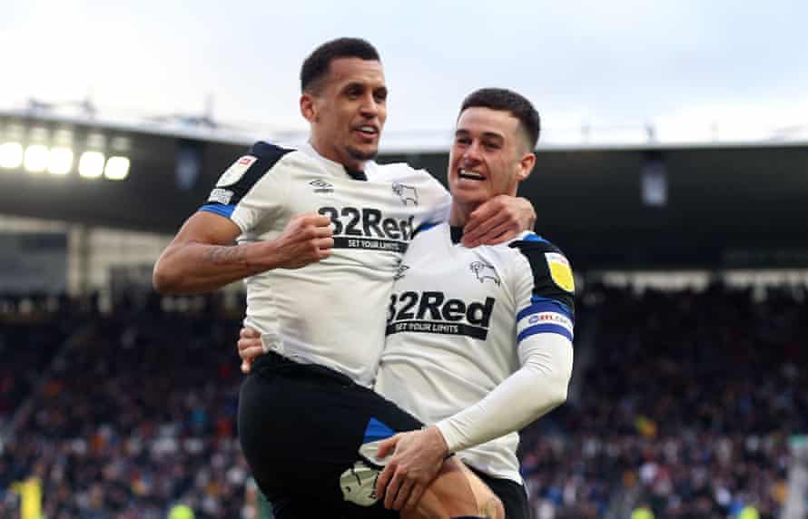 Ravel Morrison celebrates scoring his and Derby’s second with teammate Tom Lawrence.