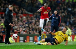 Arsenal’s Sead Kolasinac in action with Manchester United’s Ashley Young.