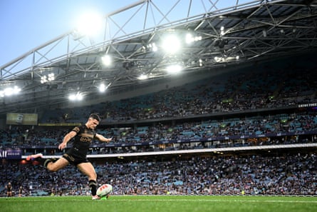 Nathan Cleary converts a try at Accor Stadium on Sunday
