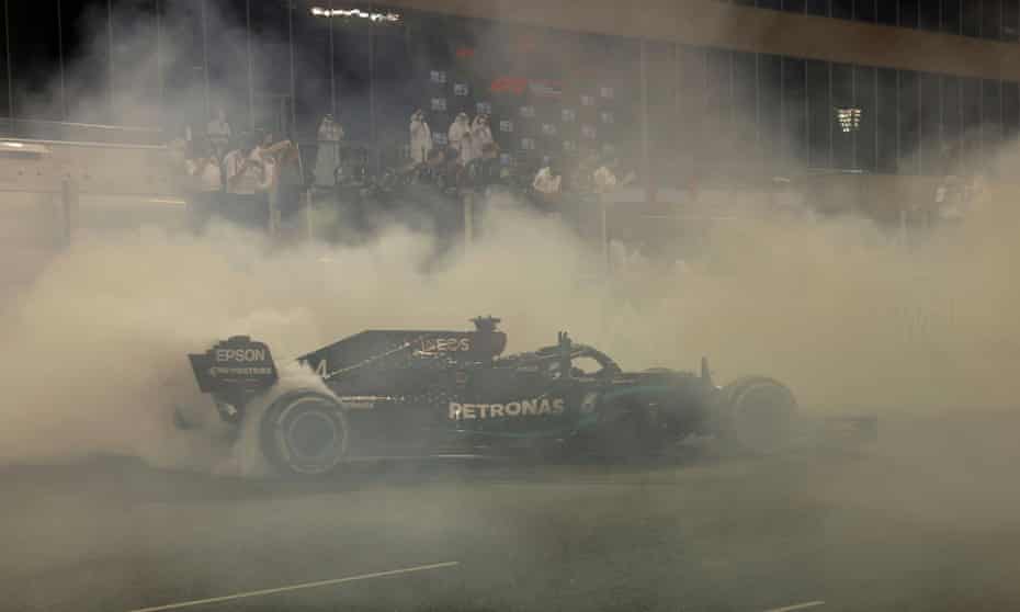 Lewis Hamilton did some donuts for the fans after the race.