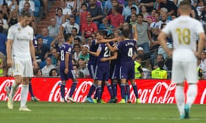 Real Valladolid players celebrate their late equaliser against Real Madrid