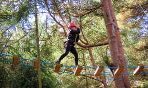 Girl on rope ladder walk in New Forest on Woodland Adventure Day