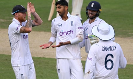 Shoaib Bashir of England celebrates after dismissing Axar Patel
