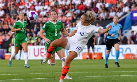 Georgia Stanway of England lines up a shot at goal against Northern Ireland in their Euro 2022 Group A match.
