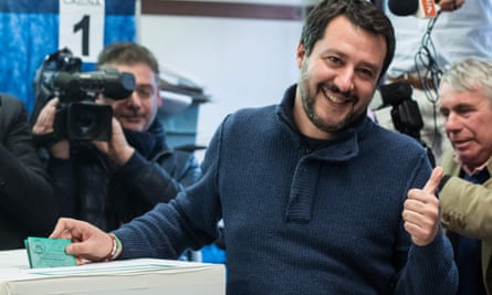 La Lega party leader Matteo Salvini gives the thumbs up as he votes in Sunday’s election
