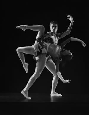 Serge Lifar and Olga Spessivtseva as Bacchus and Ariadne, 1931for the Ballets Russes, and Huene photographed the company’s principal dancers Serge Lifar and Olga Spessivtseva in costumes by Giorgio de Chirico, their angular limbs arranged against a black backdrop to form a star-like composition