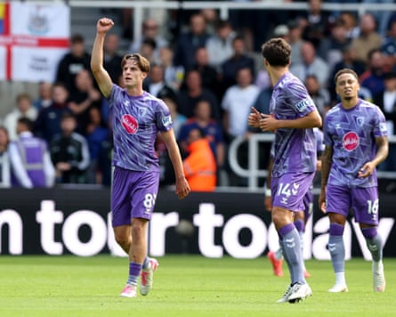 Bournemouth’s Alex Scott, António Silva and Marcus Tavernier celebrate going 2-0 up at Newcastle