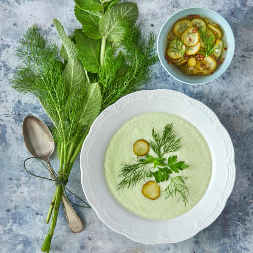 Cucumber and buttermilk soup with simple cucuumber pickle.