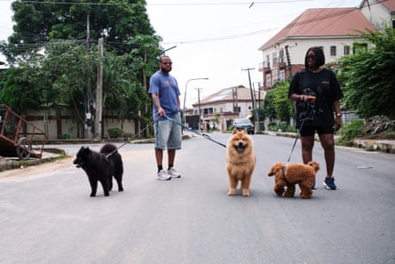 An African man and woman walking three dogs in a residential street
