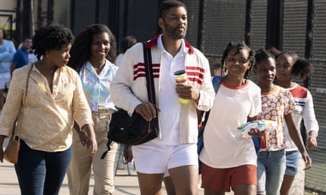 This image released by Warner Bros. Pictures shows, from left, Aunjanue Ellis as Oracene “Brandi” Williams, Mikayla Bartholomew as Tunde Price, Will Smith as Richard Williams, Saniyya Sidney as Venus Williams, Demi Singleton as Serena Williams and Danielle Lawson as Isha Price in "King Richard." (Warner Bros. Pictures via AP)
