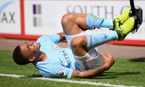 Gabriel Jesus of Manchester City reacts to being fouled.