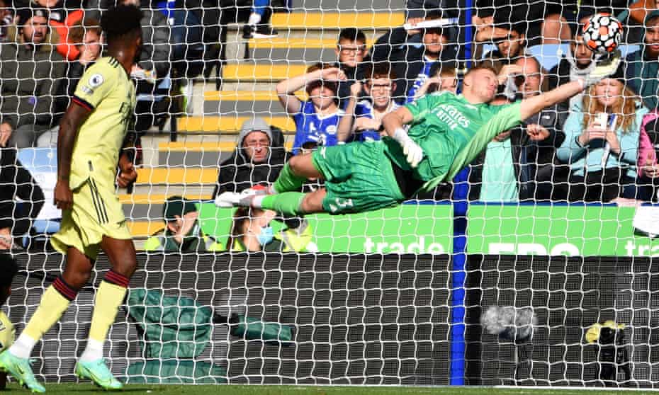 Aaron Ramsdale leaps to his left to save James Maddison’s free-kick