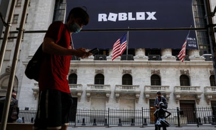 The Roblox logo is displayed on the New York Stock Exchange in New York to celebrate the firm’s flotation.