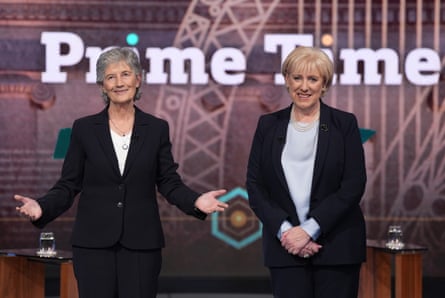 Catherine Connolly and Heather Humphreys in a TV studio.