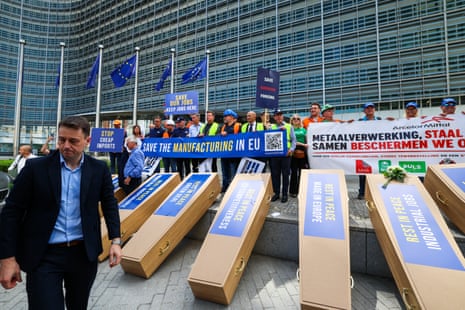 President of Eurometal Alexander Julius (C) and participants attend the European Convoy for Industrial Competitiveness demonstration near the European Commission headquarters in Brussels, Belgium, 07 September 2026. In an unusual move, European employers' and industry federations gather in the EU quarter to call for stronger measures to support European industrial competitiveness, lower energy costs, and reduce regulatory burdens.