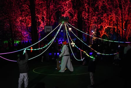 The Basstone Maypole at night.