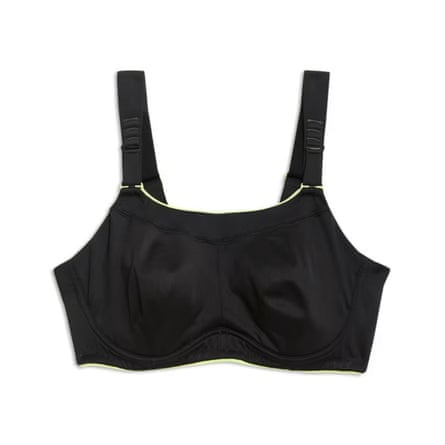 An M&S Goodmove ultimate support serious sports bra in black with neon green trim.