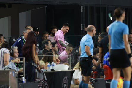 Lionel Messi of Inter Miami leaves the game during the first half of Wednesday night’s match at DRV PNK Stadium.