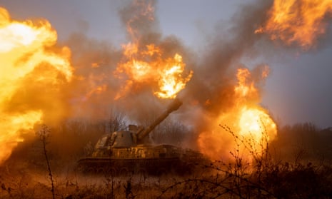 A Ukrainian self-propelled artillery shoots towards Russian forces at a frontline in Kharkiv region, Ukraine.