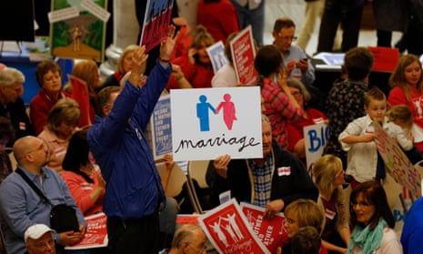 Demonstrators opposed to gay marriage rally inside the Utah State Capitol in Salt Lake City in January 2014
