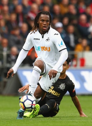 Swansea City’s Renato Sanches skips the challenge from Newcastle’s Ayoze Perez as The Magpies score late to seal the points with a 1-0 win at the Liberty Stadium.