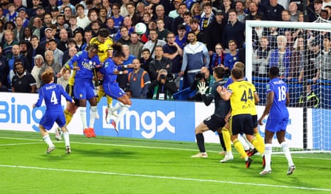 Tarik Muharemovic heads Leeds United into the lead at Chelsea.