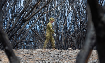 An Australian army trooper in the process of removing deceased wildlife from the Hanson wildlife sanctuary on Kangaroo Island