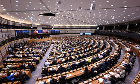 Bird's-eye view of MEPs attending a plenary session at the European parliament