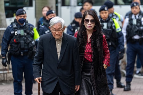 Retired Chinese cardinal Joseph Zen Ze-Kiun, left, and Jimmy Lai's wife Teresa Lai arrive at the West Kowloon Magistrates' Courts ahead of the sentencing for former Hong Kong publisher Jimmy Lai n Hong Kong, Monday, Feb. 9, 2026.